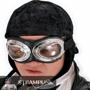 BLACK FAUX SUEDE BRASS STUDS AVIATOR CAP HAT HELMET ADJUSTABLE STRAP COSPLAY COS